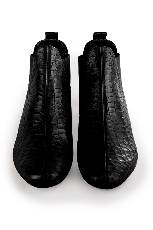 Satin black women's ankle boots, with elastics. Round toe. Flat block heels. Top view - Florence KOOIJMAN